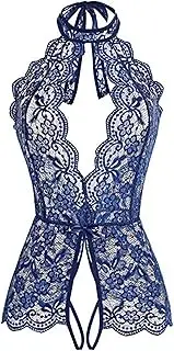 [Generic] Women Lace Teddy Bodysuit Deep V Cut Out One Piece Lingerie Sexy Halter Backless Babydoll Nightgown, Blue, Medium