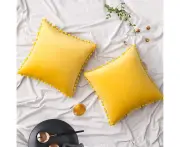 Pack of 2 Velvet Christmas Throw Pillow Covers Spring Pompom Decorative Pillowcases Solid Soft Cushion Covers with Poms Square -16"x16" Lemon Yellow