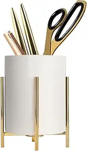 LOUIE SILNA Pen Holder, Ceramic with Metal Pen Holder, Dressing Table Organiser, Round Desk Organiser, Desk, For Office/Home, Pen Storage (12 cm x 8.5 cm) Medium