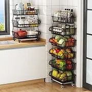 Metal Wire Baskets with Wheels, Stackable Storage Bins Kitchen Organizer Shelf 3-4-5-6 Tier Fruit Vegetable Cart Dishes Seasonal Rack Shelves for Garage, Pantry, Bathroom