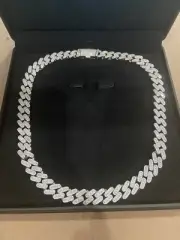 20” 13mm Cuban Link Chain MOISSANITE-925 Silver White Gold Plate Pass Tester