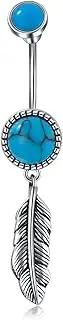 [BETHZA] Turquoise Belly Button Ring 925 Sterling Silver Feather Genuine Turquoise Boho Western Jewelry Gifts for Women Girls Sterling Silver Turquoise Sterling Silver Turquoise, Sterling Silver