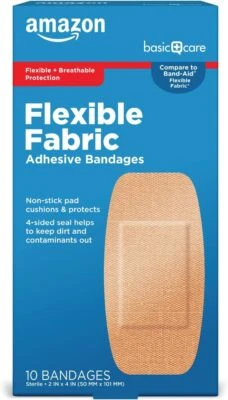 Amazon Basic Care Flexible Fabric Adhesive Bandages, XL (2 in x 4 in),10 Count
