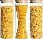 ComSaf 70oz Glass Spaghetti Pasta Storage Container with Bamboo Lids 2050ml Set of 3, Round Tall Clear Airtight Food Storage Jar, Kitchen Pantry Storage Container for Noodles Cereal Coffee Beans