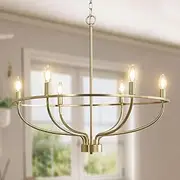 USOR 6-Light Farmhouse Chandelier Gold Vintage Candle Industrial Pendant Ceiling Light Fixture Wagon Wheel Chandelier Over Table for Dining Room Living Room Kitchen D72.5cmxH65cm E14 Bulbs Included