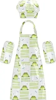 AIXIWAWA Kids Apron Chef Hat Set, Child Kitchen Bib Aprons Adjustable for Cooking Baking Painting (Cute Green Frog)