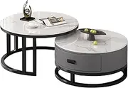 Round Coffee Tables, Set of 2 End Table, Nesting Tables with Drawer, Side Table with Metal Frame and Storage Drawers for Living Room/Bedroom/Balcony/Office/Apartment,80cm,D