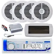 Dual Bluetooth Marine Radio,Cover, Antenna,Amp w/Kit, 4x 6.5" 120W White Speaker
