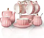 [Sweejar Home] Porcelain Tea Set Royal Family 225 ml to Cups and Saucers with Teapot Milk Ceramic Tea and Coffee Cups (Pink)