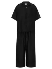 Deiji Studios | The 05 Linen Short Sleeve Long Set Black | The UNDONE