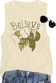 [KIMSOONG] Magical Tank Tops Women Sequin Believe Tanks Magic Kingdom Castle Shirt Family Vacation Shirt Summer Sleeveless Tops, Apricot, Small