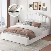 ALFORDSON Bed Frame Base with Gas Lift Storage Double Size Milton Series with Bed Head, Mattress Topper Platform Foundation with Boucle Upholstery for Bedroom, Boucle White