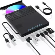 External CD/DVD Drive 4 USB 3.0 Ports, Compatible with Windows 11/10, Linux, Mac