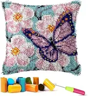EMISTEM Latch Hook Kits for Adults - Latch Hook Pillow Kits for Kids, Crochet Yarn Kit for Beginners, DIY Needlework Crafts Cover Case with Printed Canvas,(Butterfly in Flowers,17x17 inch)