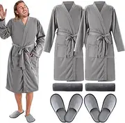 Handepo 6 Pcs Waffle Bath Robes Set Lightweight Spa Robes with Slippers Hair Towels Couples His and Hers Knit Bathrobes(Grey,L), Grey, Large