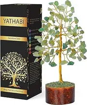 YATHABI Green Jade Chakra Tree Natural Healing Crystal Gemstone Feng Shui Money Bonsai Trees Home Decor Prosperity Aura Cleansing for Wealth and Luck Ornament Figurine Golden Wire (Size 7-8inch)