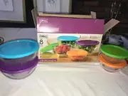 NOS htf LIBBEY Glass 8-Piece SET Food STORAGE Container BOWLS with Plastic LIDS