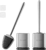 Sellemer Toilet Brush, Pack of 2 Wall/Foot Mounted Toilet Brushes, Silicone Toilet Brushes with Quick Drying Holder, Flexible Silicone Toilet Brush for Toilet (Silver)