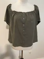 American Eagle Green Crop Peasant Top Button Front Size L/G NWT