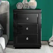 ALFORDSON Glass Mirrored Bedside Table, 3 Drawers, Crystal Handles, 40 x 40 x 58cm, Sofa Side Table Nightstand Home Furniture Cabinet Chests for Hallway, Bedroom＆Living Room (Chyna Black)
