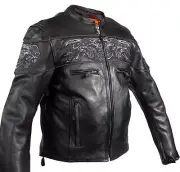 MEN'S MOTORCYCLE REFLECTIVE SKULL LEATHER JACKET HIGH VISIBILITY REFLECTIVE BLK
