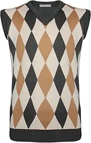 [Top Vendor] New Men Sleeveless Knitted V-Neck Argyle Pattern Jumper Top Sweater Vest with Ribbed Edge UK Size S M L XL, Charcoal-camel, XL