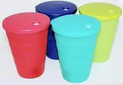 [Tupperware] Set of 4 Impressions Tumblers with Liquid & Airtight Drip-Less Straw Seals - 16 oz. Cups - Tokyo Blue, Parrotfish, Emberglow & Salsa Verde