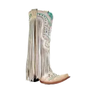 Corral Ladies Bone Crystal Pattern and Fringe Snip Toe Boot C3424
