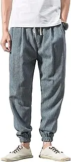 [Aosufei] Men's Casual Baggy Solid Tapered Pants Linen Drawstring Stylish Trousers Lightweight Elastic Waist Outdoor Pants