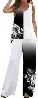 [Generic] Designer Suits for Women Party Wear Women 2 Piece Outfits Boho Casual Feather Printed Vest Sleeveless Top Loose Wide Leg Pants Trousers Two Piece Set Suit Slim Fit Suits for Women