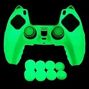 Anti-Slip Glow in The Dark PS5 Controller Skin,Soft Thicken Studded Protective Silicone Cover Skin Grips Compatible with Playstation 5 Controller with 8 PCS Thumb Grips Caps Glow and 2 Grips Caps.