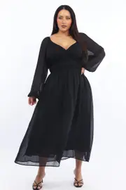 Black Midi Dress Long Sleeve Chiffon