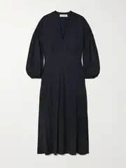 [NET-A-PORTER For The King’s Foundation] NET-A-PORTER For The King's Foundation - Smocked Lenzing™ Ecovero™, Enka® And Wool-blend Midi Dress - Navy - UK 6 UK 6 Blue