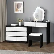ALFORDSON Dressing Table Vanity Stool Set with 8-Drawer Storage, Adjustable Width, LED Mirror, Matching Stool - USB Powered, 3 Light Colors & 10 Brightness Levels, Black White Color