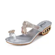 Nevenka Womens Toe Ring Slippers Summer Casual Rhinestones Slide Sandals-Silver