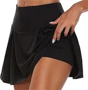 [LIPIODOL] Women's Tennis Golf Sports Trousers Skirt 2-in-1 Sports Leggings with Skirt Stretchy Sports Shorts with Inner Shorts and Pockets
