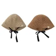 Kids Straw Hat Fashionable Sunhat Child Strap Tied Fisherman Caps Solid