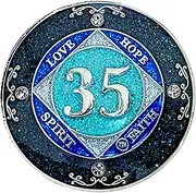 (Years 1-50) NA 35 Year Crystals and Glitter Medallion, Silver Color Plated Coin, Black Rainbow, Blue Glitter and Four Clear Crystals, Epoxy Covered (NA 35 Years Clean Time), small