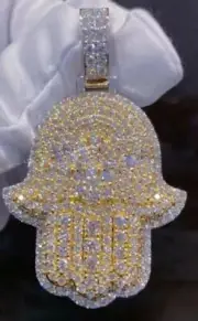 Men's Real Moissanite 3Ct Round Hamsa Hand Pendant 14K Yellow Gold Silver Plated