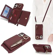 Cavor Crossbody Wallet for iPhone 16 Plus Leather Case for iPhone16plus Case 6.7'' Flip Cover Card Slots with 360°Rotation Ring Holder Kickstand & Long Shoulder Lanyard Strap-Wine Red