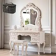 Vanity Table with Mirror & Lights,European Retro Dressing Table Organizer for Bedroom, Pack of Cosmetic Bag(A)