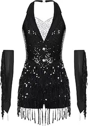 [Loodgao] Women's Modern Dance Outfit Sequin Fringe Latin Dance Leotard with Gloves Ballroom Dancewear