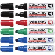6 x Artline 5109A Whiteboard Marker Extra Broad Chisel 10mm Black Blue Red Green