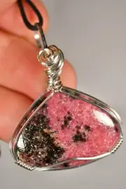 *RHODONITE*Pendant 4.8cm 12g +Cord SILVER Wire Wrapped, Relaxation Negativity