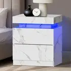 Oikiture Bedside Table 2 Drawers LED Side Tables Nightstand Marble Effect White