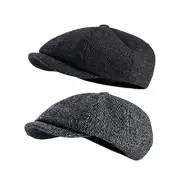 2 Pack Newsboy Cap Peaky Herringbone Baker Boy Flat Caps for Men Women (Black