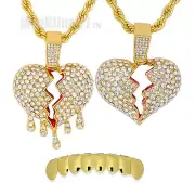 Iced Cubic Zirconia Broken Heart Pendant Rope Chain Necklace & Bottom Grillz Set