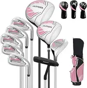 [XDriveMax] 10 Pieces Complete Womens Golf Clubs Set Right Hand for Women includes Cart Bag with Rain Hood, 1#Driver 3#Wood #5 Hybrid,with 3 Head Covers, 6# 7# 8# 9# PW# Irons and Putter