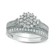 Lab-Created White Sapphire Composite Antique Vintage-Style Bridal Engagement Ring Set in Sterling Silver