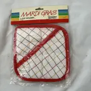 Vintage Mardi Gras 2 Oven Pot Holders 1985 21136 Red Colorful Wooden Handle